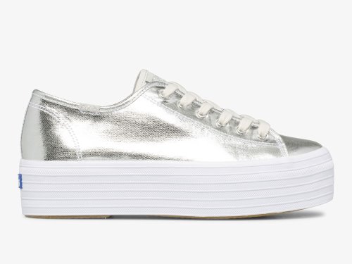 Dámské Platform Sneakers Keds Triple Up Metallic Twill Stříbrné | CZ-04462