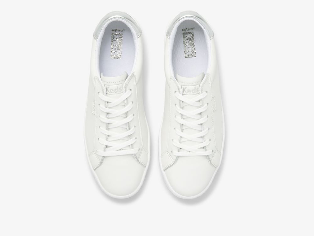 Dámské Kůže Sneakers Keds Ace Læder Bílé Stříbrné | CZ-85160