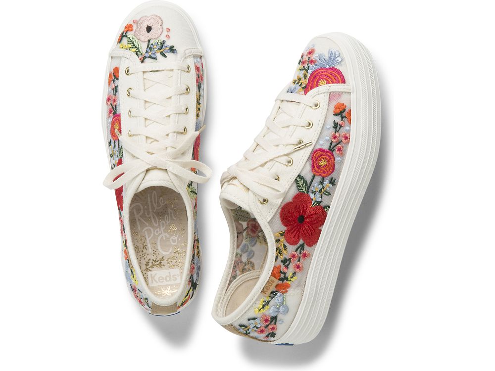 Dámské Platform Sneakers Keds Rifle Paper Co. Triple Kick Embroidered Mesh Bílé Viacfarebný | CZ-06218