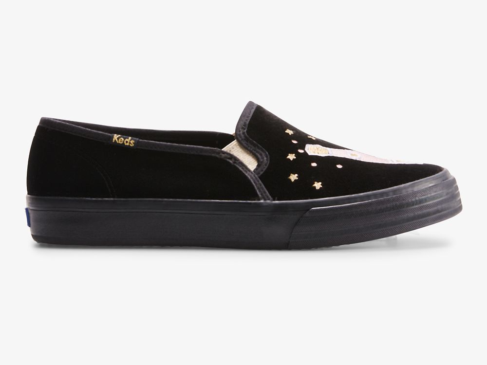 Dámské SlipOnTenisky Keds Double Decker Velvet Cheers Černé | CZ-43304