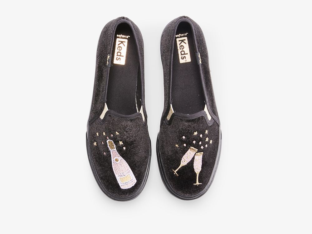 Dámské SlipOnTenisky Keds Double Decker Velvet Cheers Černé | CZ-43304