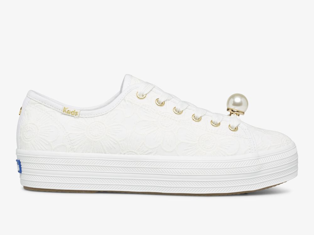 Dámské ŠněrovacíBoty Keds Ksny Triple Kick Floral Eyelet Pearls Bílé | CZ-68706