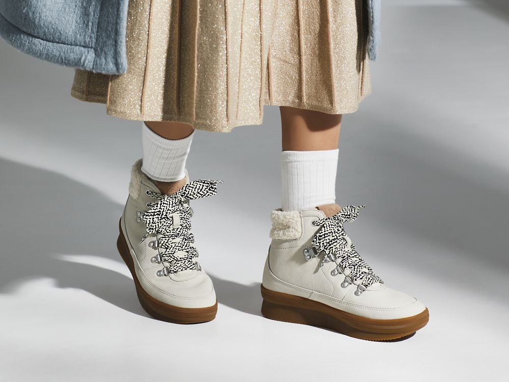 Dámské ŠněrovacíBoty Keds Midland Boot Luxe Læder w/ Faux Shearling and Thinsulate™ Krém | CZ-86796