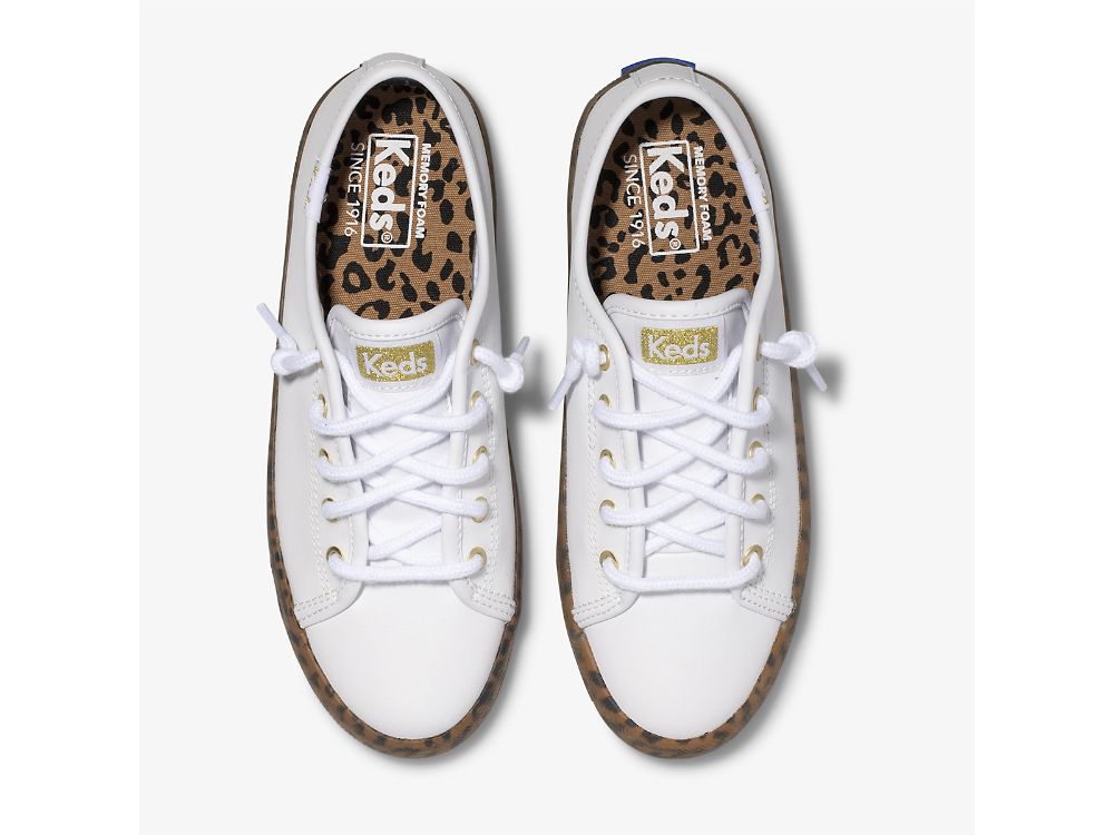 Dívčí Kůže Sneakers Keds Kickstart Leopard Foxing Sneaker Bílé | CZ-32570