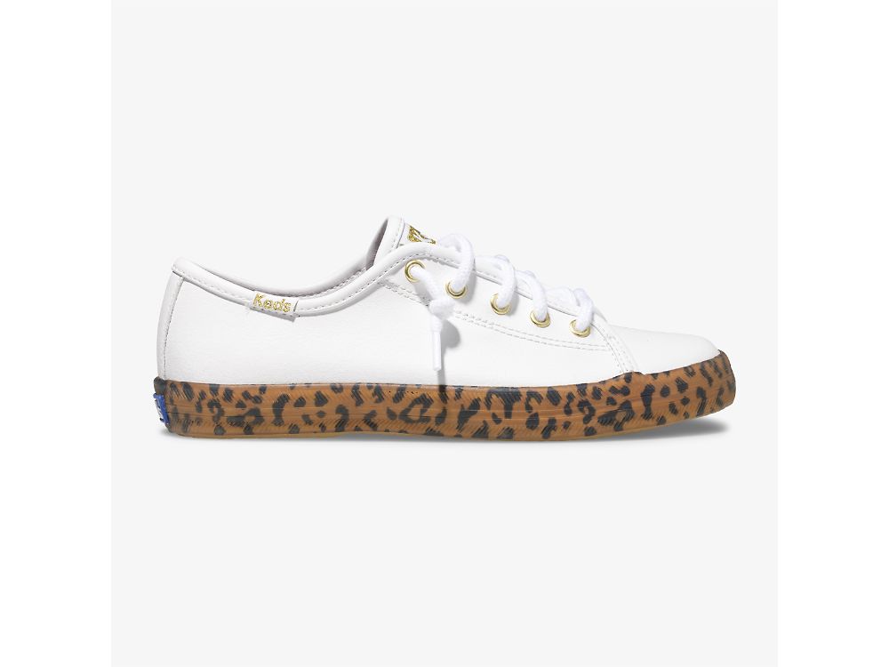 Dívčí Kůže Sneakers Keds Kickstart Leopard Foxing Sneaker Bílé | CZ-32570